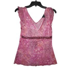 Y2K-Inspired Sheer Boho Wrap Blouse – Pink Paisley – Size M